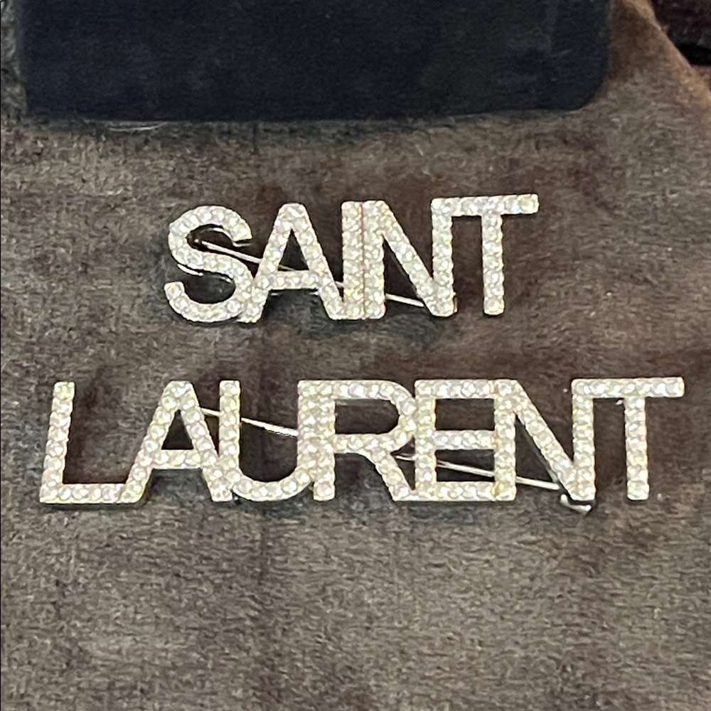 Crystal Silver Tone Saint Laurent Logo Two Piece Brooch Set - Picture 3 of 7